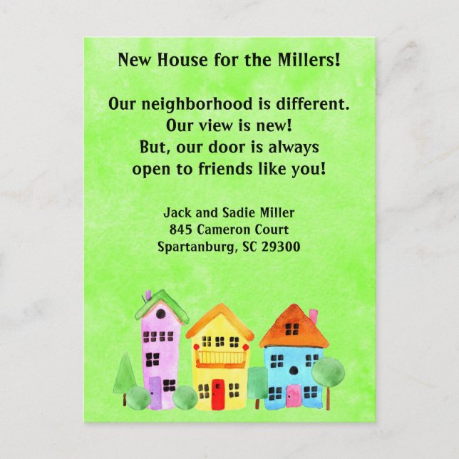 Postal De Anuncios Casa más linda de la cuadra Nueva dirección Tarjet (Anverso)