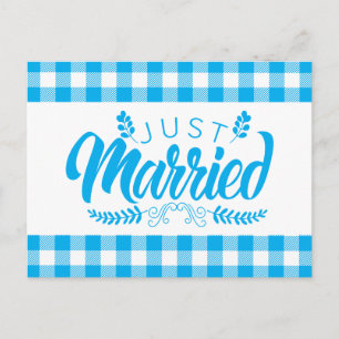Postal De Anuncios Casado Gingham Cuadros Rústico Azul Acaba de Casar
