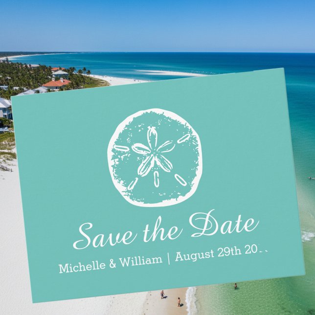 Postal De Anuncios Casamiento en la playa de SandDAK, excepto las tar (save the date beach wedding card with sand dollar logo)