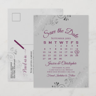 Postal De Anuncios Cassis Boda Gris Púrpura Guardar el calendario de