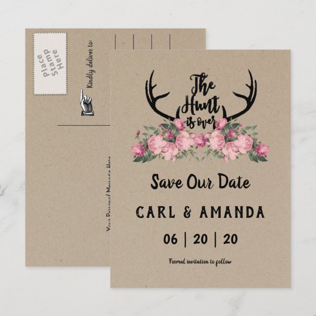 Postal De Anuncios Caza Rústica Floral Kraft La Caza ha Terminado Sav (Anverso / Reverso)