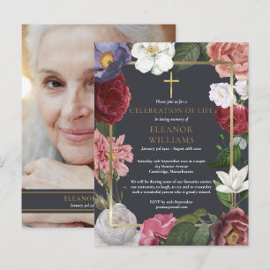 Postal De Anuncios Celebración de la Vida Cruz Dorada Rosa Floral Fot
