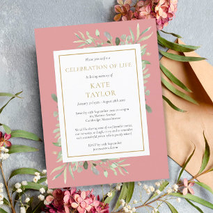 Postal De Anuncios Celebración de la Vida Funeral con Verde de Rosa P