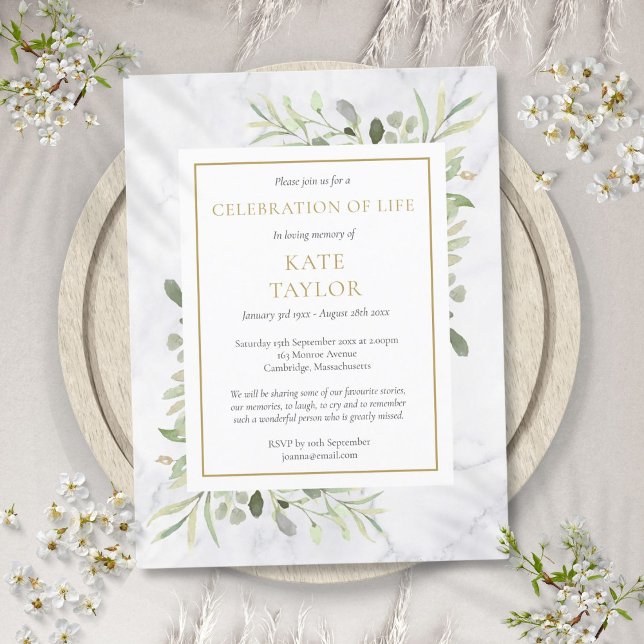 Postal De Anuncios Celebración de la Vida Funeral de Mármol Verde (Greenery Marble Celebration of Life Funeral Announcement Postcard)
