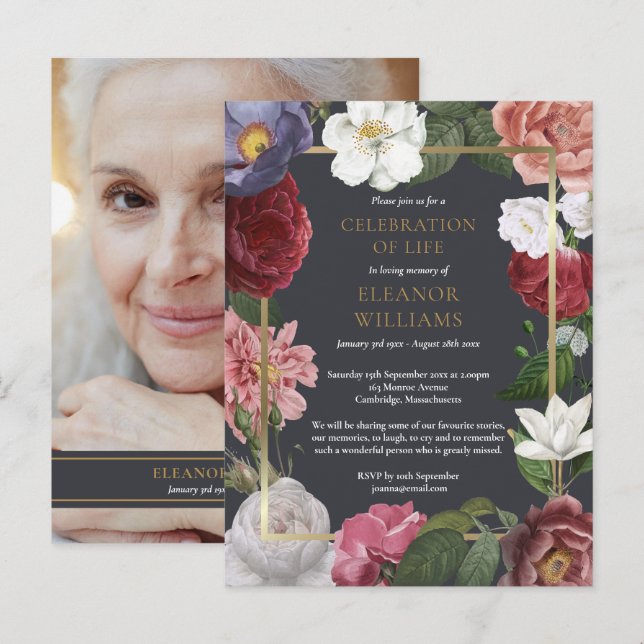 Postal De Anuncios Celebración de la vida Rosa floral foto (Anverso / Reverso)