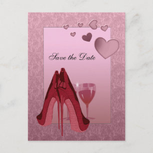Postal De Anuncios Celebración Stiletto Rojo y Corazones Rosa