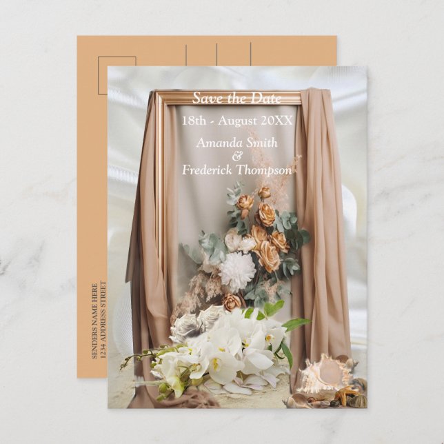 Postal De Anuncios Celebraciones con flores blancas alrededor de seda (Anverso / Reverso)