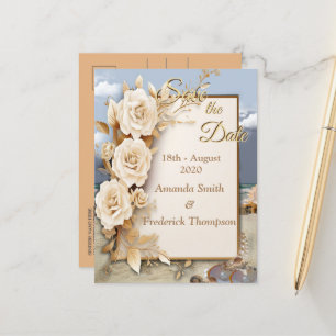 Postal De Anuncios Celebraciones en la playa con flores blancas y per