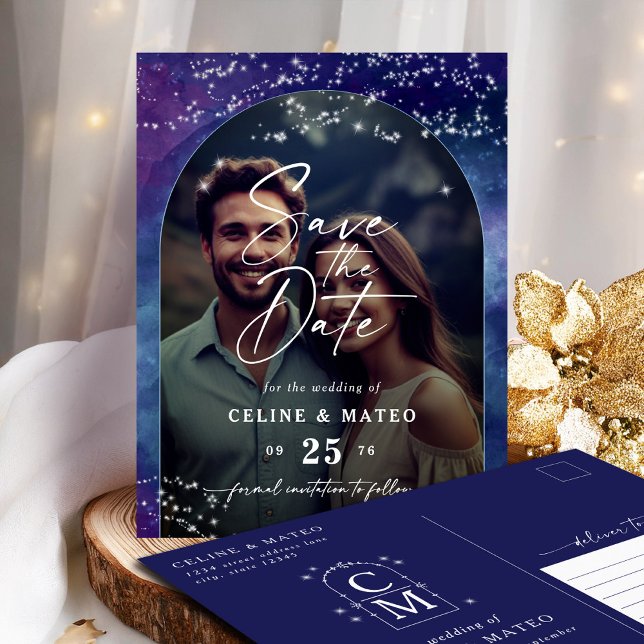 Postal De Anuncios Celine ・ Elegante Starry Sky Photo Save the Date (Announce your wedding with the Celine Save the Date postcard, featuring a photo and monogram.)