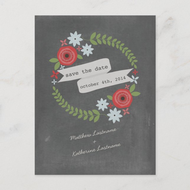 Postal De Anuncios Chalk Inspired Wreath & Banner Save The Date (Anverso)
