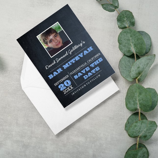 Postal De Anuncios Chalkboard Blue Bar Mitzvah Photo Save the Date (Subido por el creador)