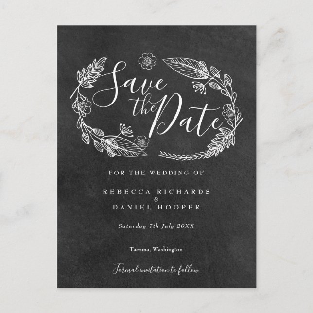 Postal De Anuncios Chalkboard Floral Garland Save the Date (Anverso)