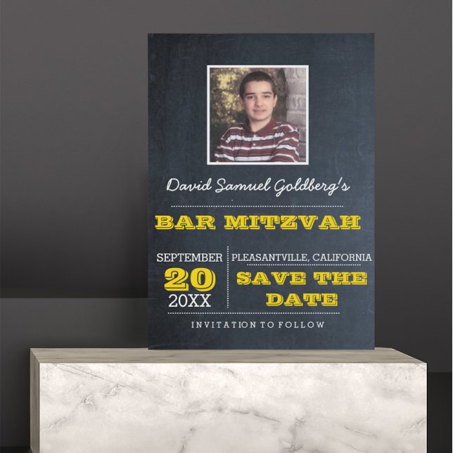 Postal De Anuncios Chalkboard Gold Bar Mitzvah Photo Save the Date (Subido por el creador)