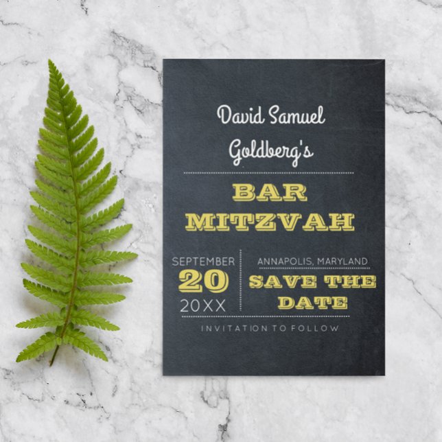 Postal De Anuncios Chalkboard Golden Bar Mitzvah Save the Date (Subido por el creador)