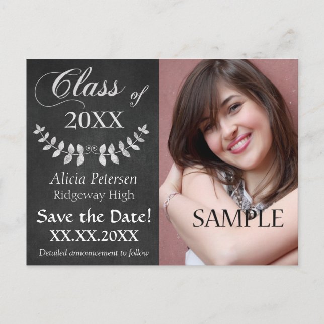 Postal De Anuncios Chalkboard Laurel Leaf Save the Date Graduation (Anverso)
