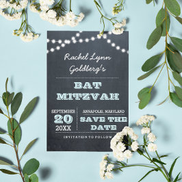 Postal De Anuncios Chalkboard Luces Aqua Bat Mitzvah Salven la fecha