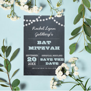 Postal De Anuncios Chalkboard Luces Aqua Bat Mitzvah Salven la fecha