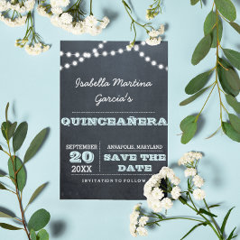Postal De Anuncios Chalkboard Luces Aqua Quinceañera Salven la fecha