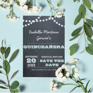 Postal De Anuncios Chalkboard Luces Aqua Quinceañera Salven la fecha