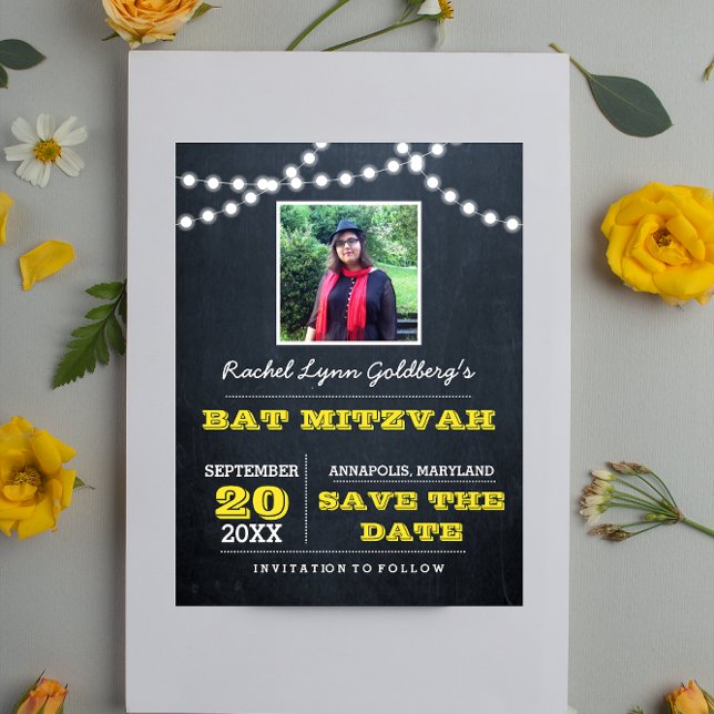 Postal De Anuncios Chalkboard Luces Gold Bat Mitzvah Photo Save Date (Subido por el creador)