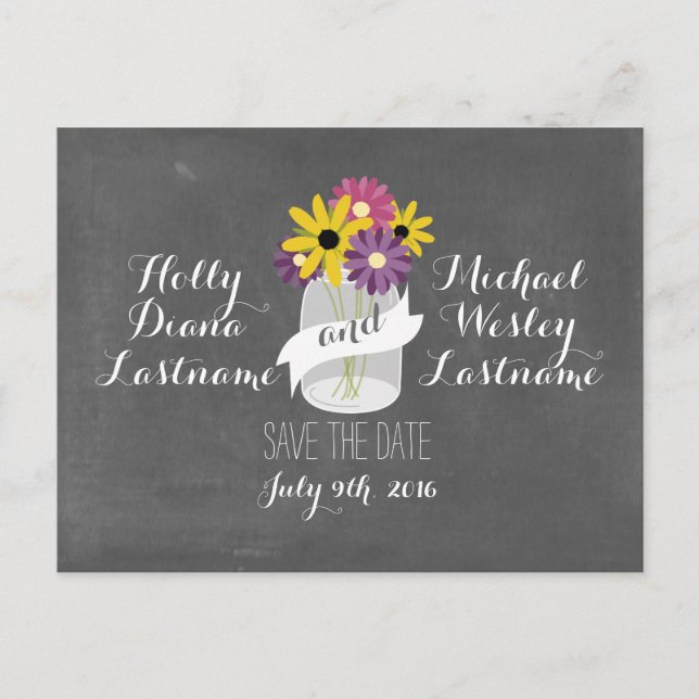 Postal De Anuncios Chalkboard Mason Jar Flores Save Date Postcard (Anverso)