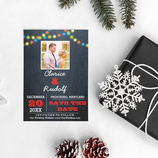 Postal De Anuncios Chalkboard Multi Lights Red Wedding Save the Date (Subido por el creador)