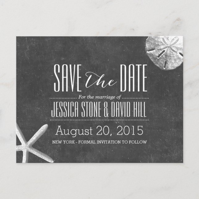 Postal De Anuncios Chalkboard Starfish & Sand Dollar Save the Date (Anverso)