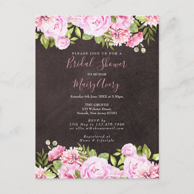 Postal De Anuncios Chalkboard Watercolor Floral Bridal Shower (Anverso)