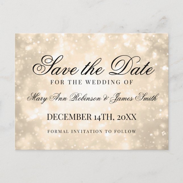 Postal De Anuncios Champagne Dorado Bokeh Elegante Guardar la Fecha (Anverso)