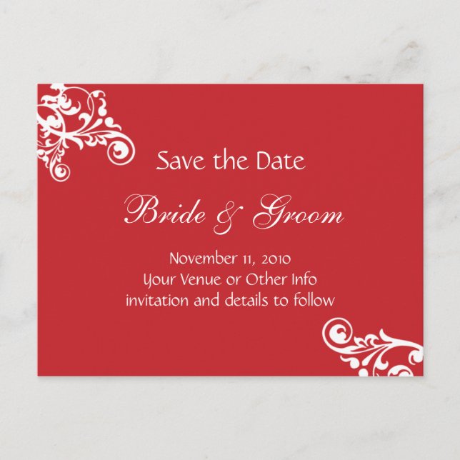 Postal De Anuncios Cherry Red Personalized Flourish Save the Date (Anverso)