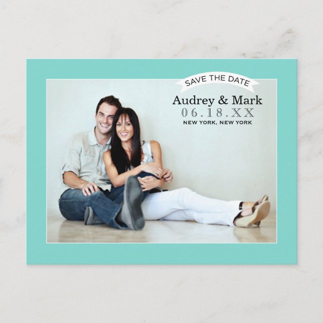 Postal De Anuncios Chic Boda Foto Azul Acuático Save the Date (Anverso)