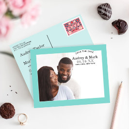 Postal De Anuncios Chic Boda Foto Azul Aqua Salva la Fecha