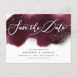 Postal De Anuncios Chic Burgundy Gold Glitter Boda Guardar la Fecha