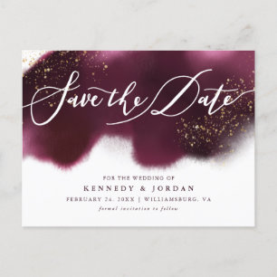 Postal De Anuncios Chic Burgundy Gold Glitter Boda Guardar la Fecha