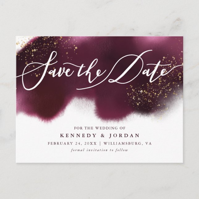 Postal De Anuncios Chic Burgundy Gold Glitter Boda Guardar la Fecha (Anverso)