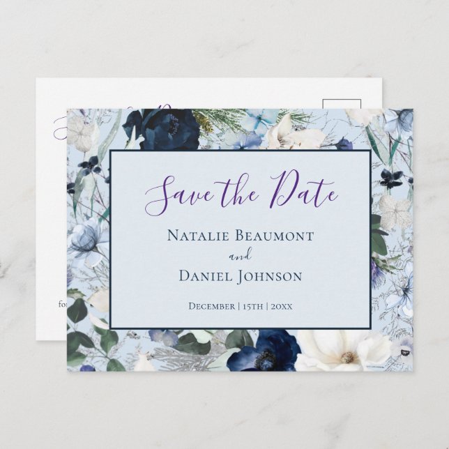 Postal De Anuncios Chic Dusty Blue Navy Floral Save the Date (Anverso / Reverso)