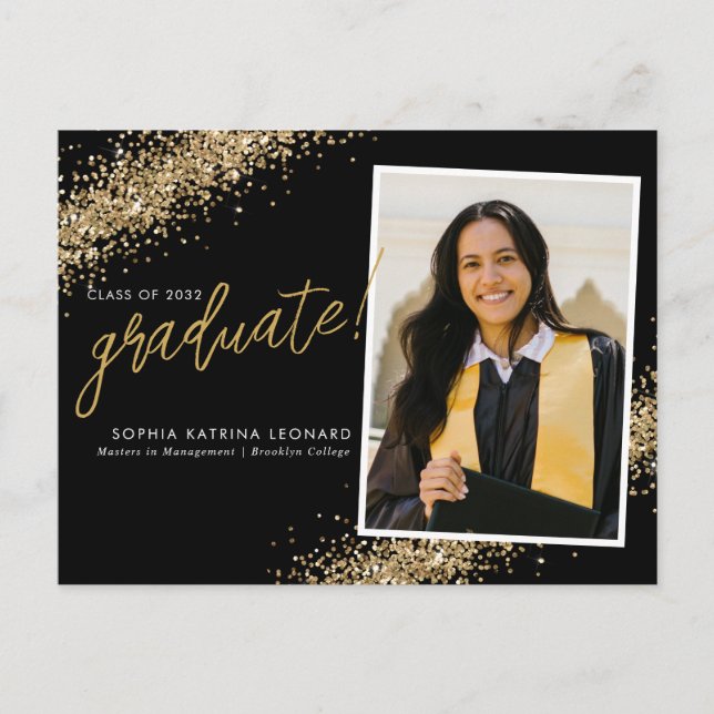 Postal De Anuncios Chic Negro Graduado Dorado Brillo Foto Graduación (Anverso)