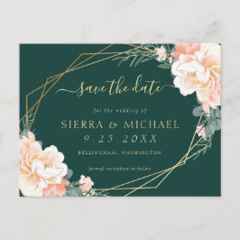 Postal De Anuncios Chic Verde Esmeralda Durazno Dorado Floral Salva l