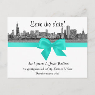 Postal De Anuncios Chicago Skyline Grabado BW Aqua Save the Date