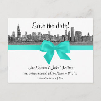 Postal De Anuncios Chicago Skyline Grabado BW Aqua Save the Date