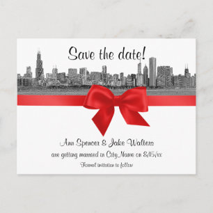 Postal De Anuncios Chicago Skyline Grabado BW Rojo Salva la Fecha