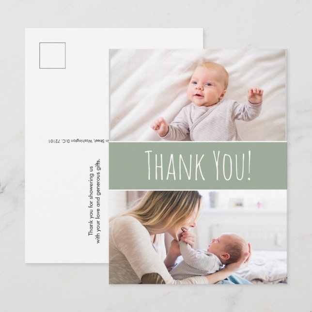 Postal De Anuncios Chico bebé ducha moderna verde Gracias lindas (Anverso / Reverso)