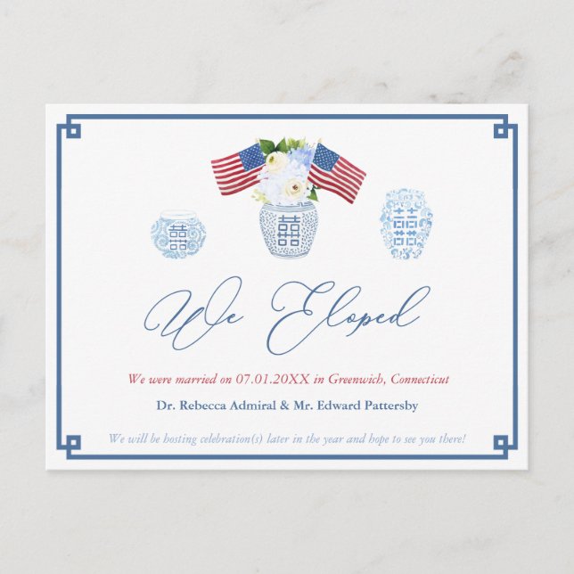 Postal De Anuncios Chinoiserie Chic Boda Elopement 4 de Julio (Anverso)
