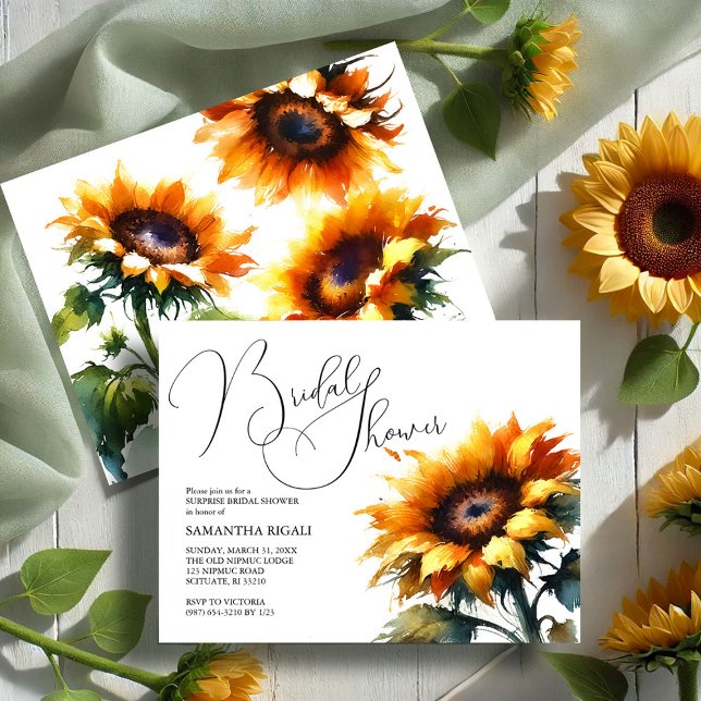 Postal De Anuncios Chorro de Acuarela de Girasoles para Despedida de  (Sunflower bridal shower invitations summer fall design by Victoria Grigaliunas VG Invites)