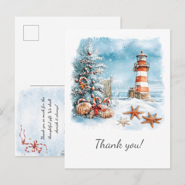 Postal De Anuncios Christmas at the Beach Lighthouse Tree | (Anverso / Reverso)