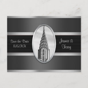 Postal De Anuncios Chrysler Building Save the Date Gris Plateado BN