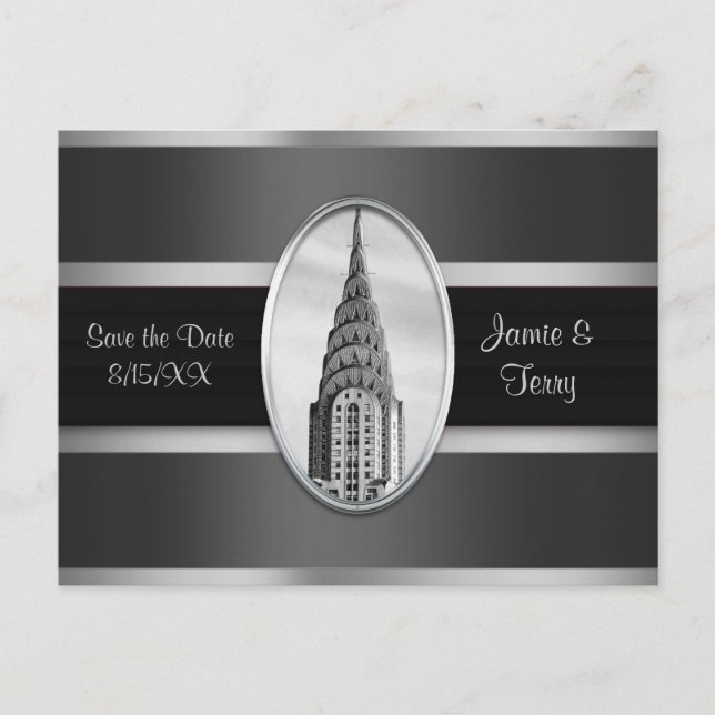 Postal De Anuncios Chrysler Building Save the Date Gris Plateado BN (Anverso)