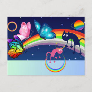 Postal De Anuncios Cielo Nocturno, Dos Gatos, Mariposas y un Arcoíris
