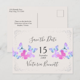 Postal De Anuncios Cielos de Mariposa Rosa Confeti Plateado Save the 