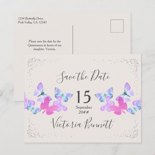 Postal De Anuncios Cielos de Mariposa Rosa Confeti Plateado Save the  (Anverso / Reverso)